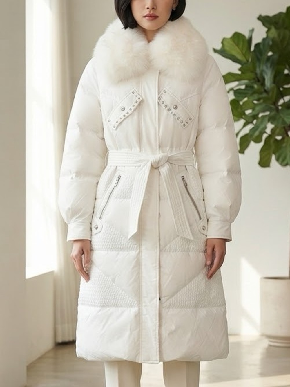 Elegant White Fox Fur-Trimmed Women's Goose Down Puffer Coat